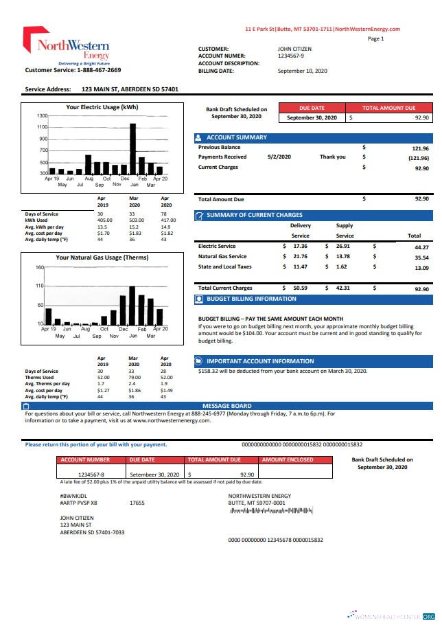 download USA NorthWestern Energy utility bill template in Word and PDF format, version 2 PDF template